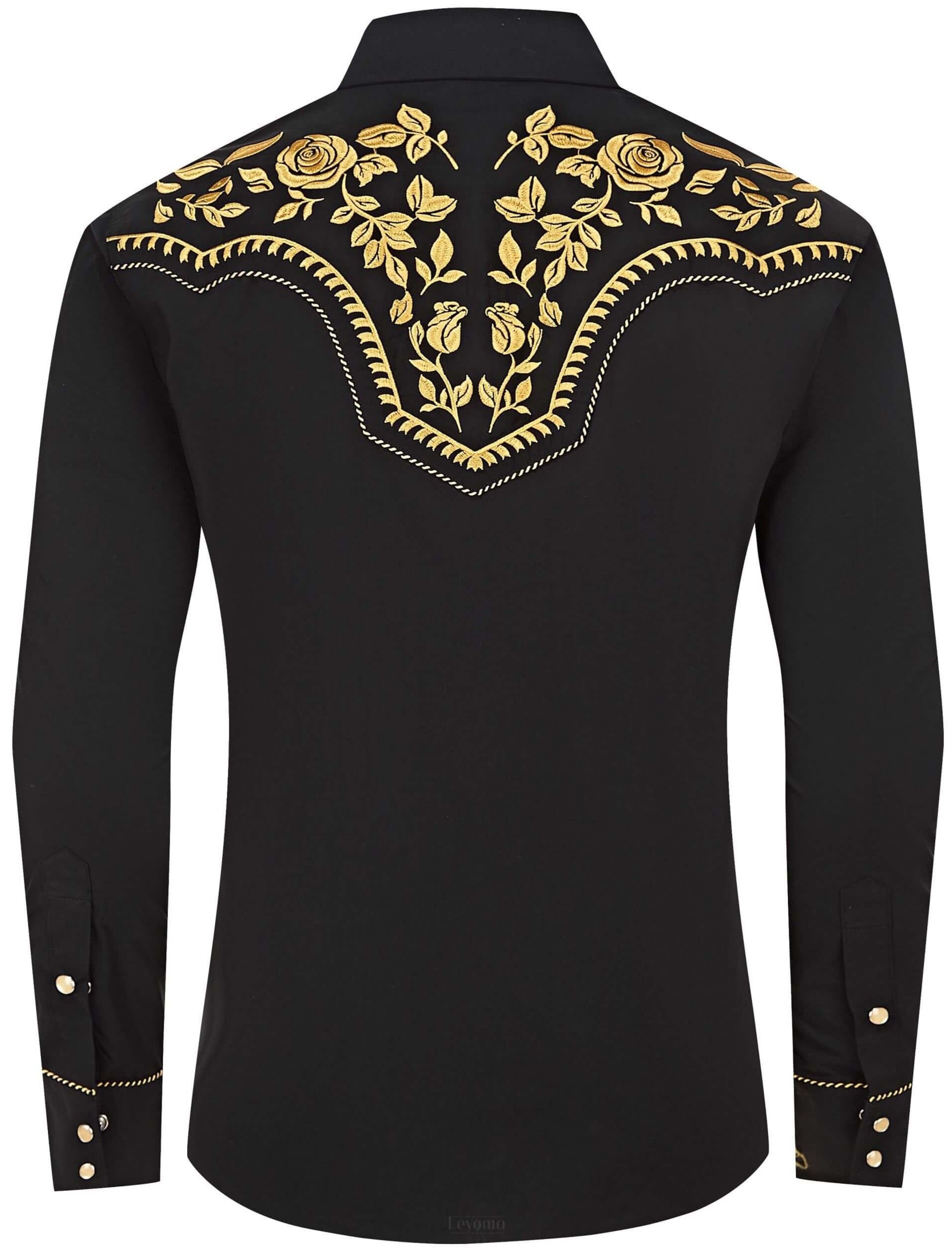 Mens Black & Gold Rose Embroidered Western Pearl Snap Cowboy Shirt Mens Black & Gold Rose Embroidered Western Pearl Snap Cowboy Shirt