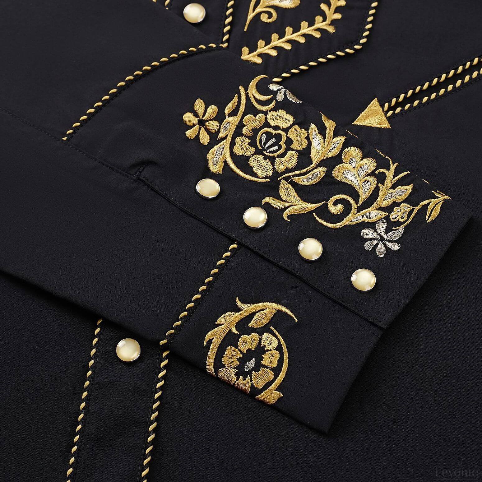 Leyoma Men's Embroidered Western Button Up Shirt The Gold Vaquero Salvaje Oeste Cuff and Snaps Embroidery Detail, X003LM94MP-27-black-yellow-S, X003LM94JX-27-black-yellow-M, X003LMNXIL-27-black-yellow-L, X003LMPZKF-27-black-yellow-XL, X003LM9BKZ-27-black-yellow-XXL, X003LMNXMH-27-black-yellow-3XL