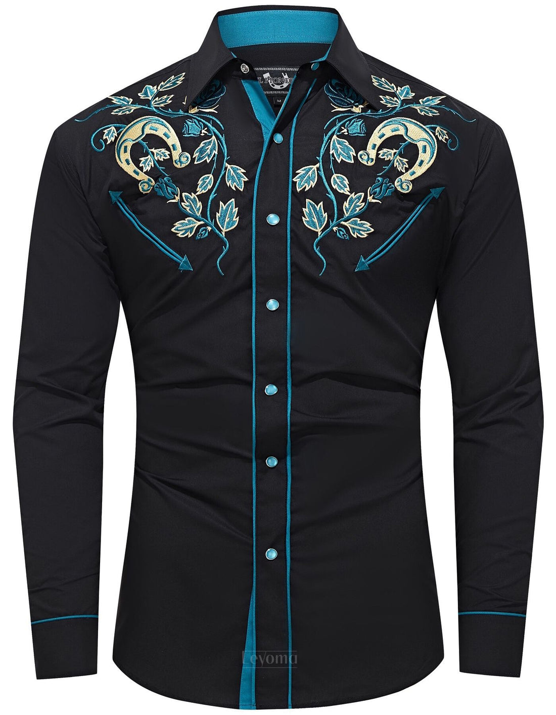 Black and blue floral embroidered men's western pearl snap shirt - front view