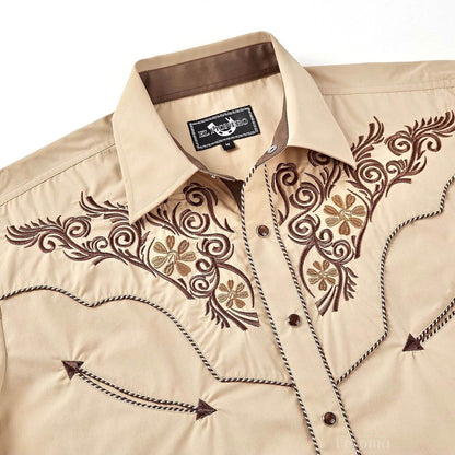 Leyoma Men's Embroidered Western Button Up Shirt The Trailblazer El Pionero Front Yoke Embroidery Detail, X002UJREBD-001A-khaki-S, X002UJRE81-001A-khaki-M, X002UJRABH-001A-khaki-L, X002UJRE77-001A-khaki-XL, X002UK2BCT-001A-khaki-XXL, X003DL8R95-001A-khaki-3XL