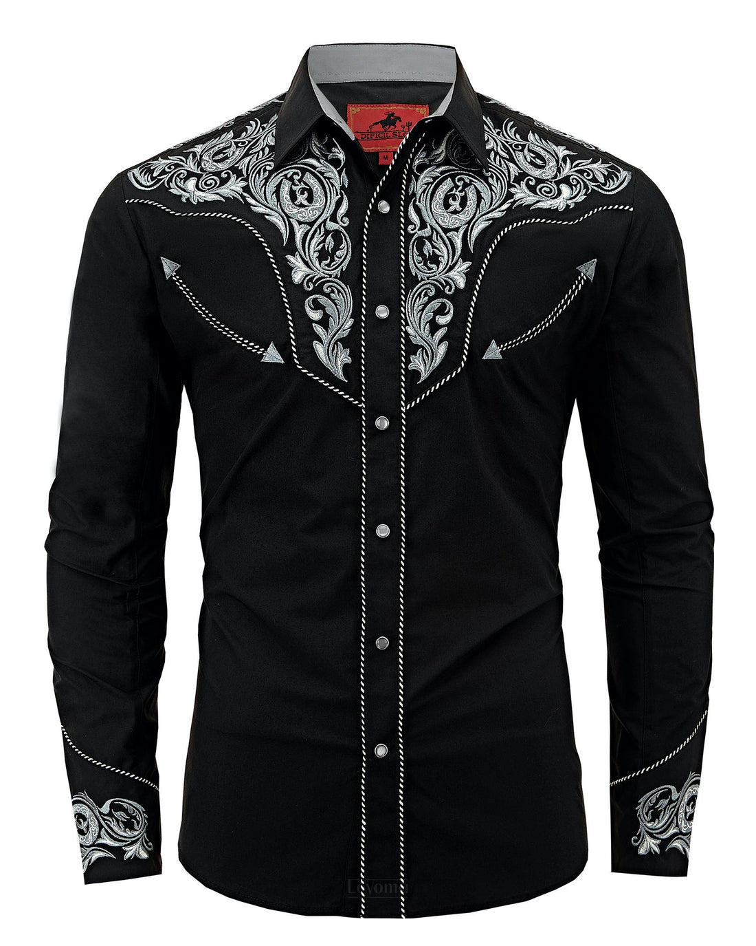 Black and gray floral embroidered men's western pearl snap shirt - front view