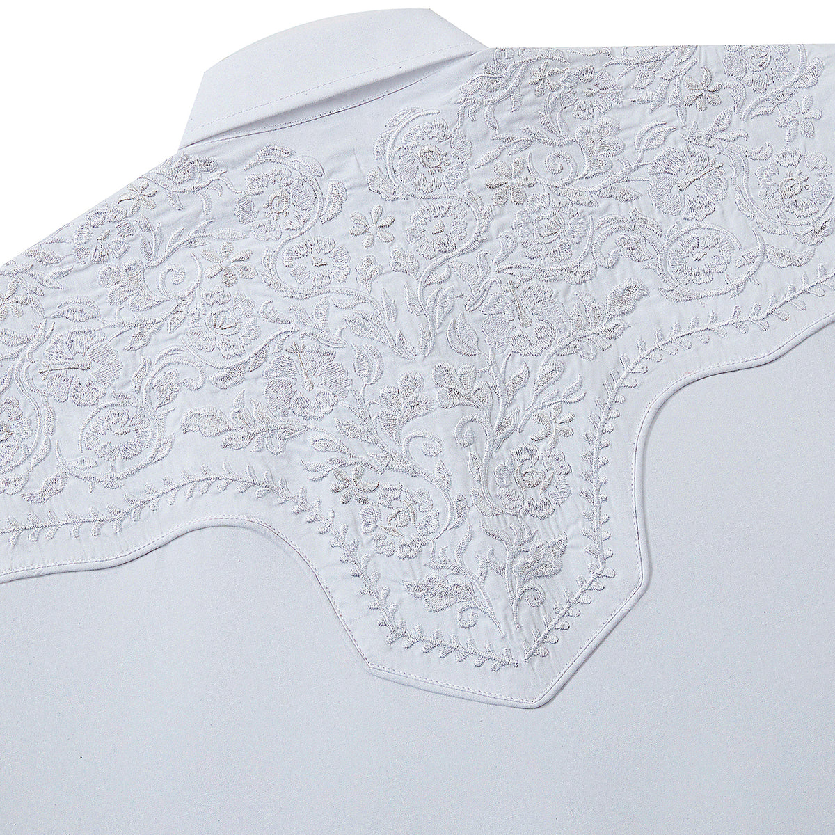 White floral embroidered men's western pearl snap shirt - back yoke embroidery detail