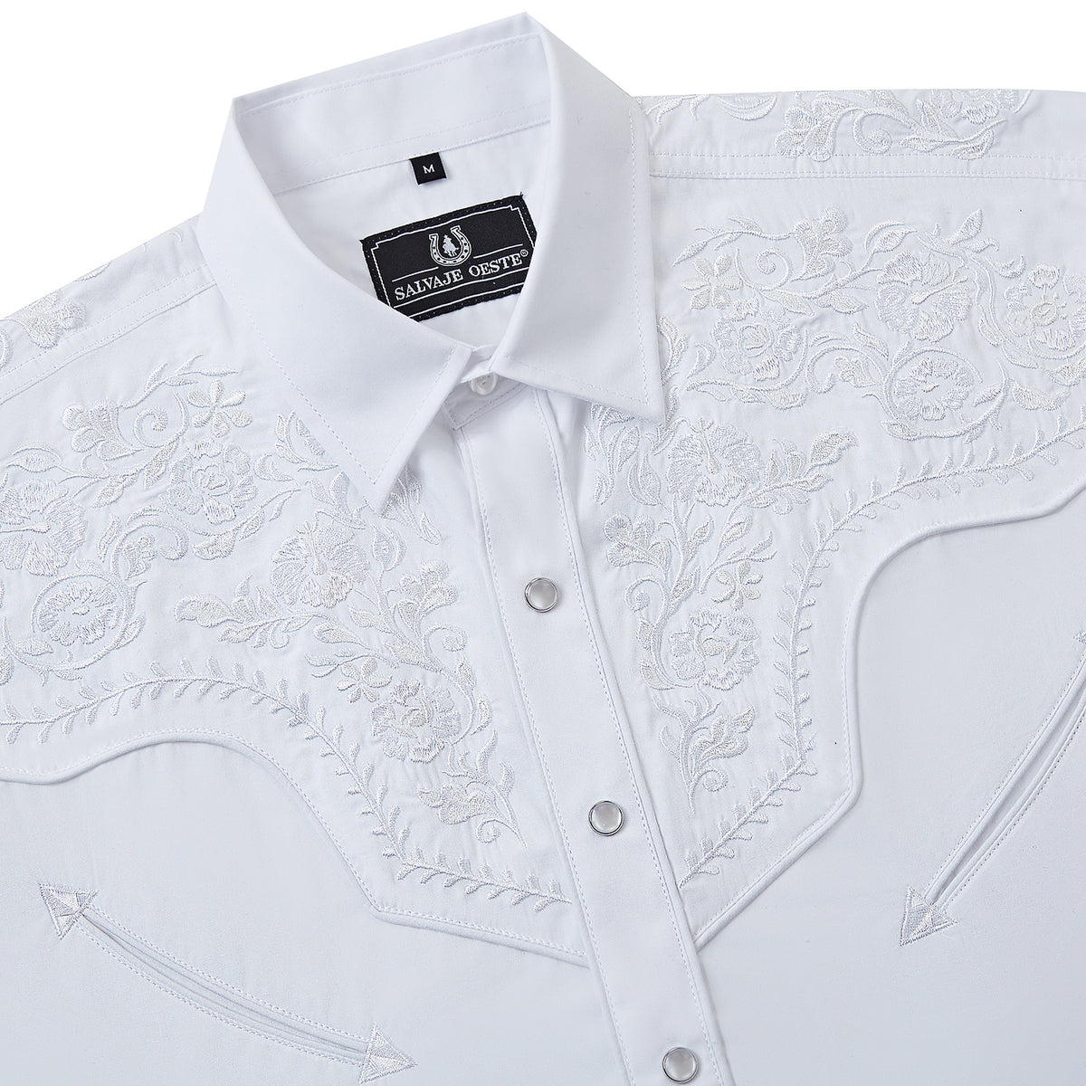 White floral embroidered men's western pearl snap shirt - front chest embroidery detail