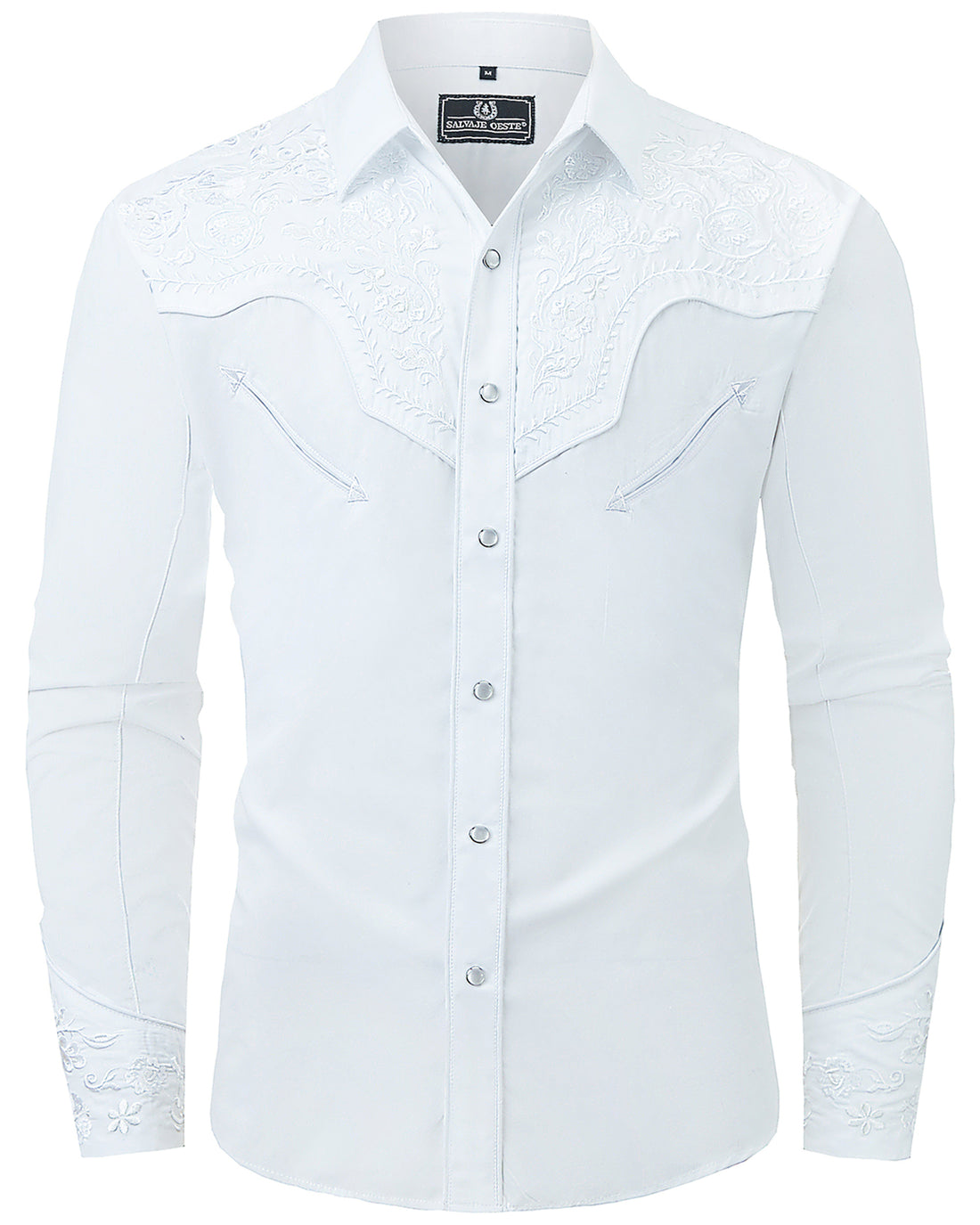 White floral embroidered men's western pearl snap shirt - full front