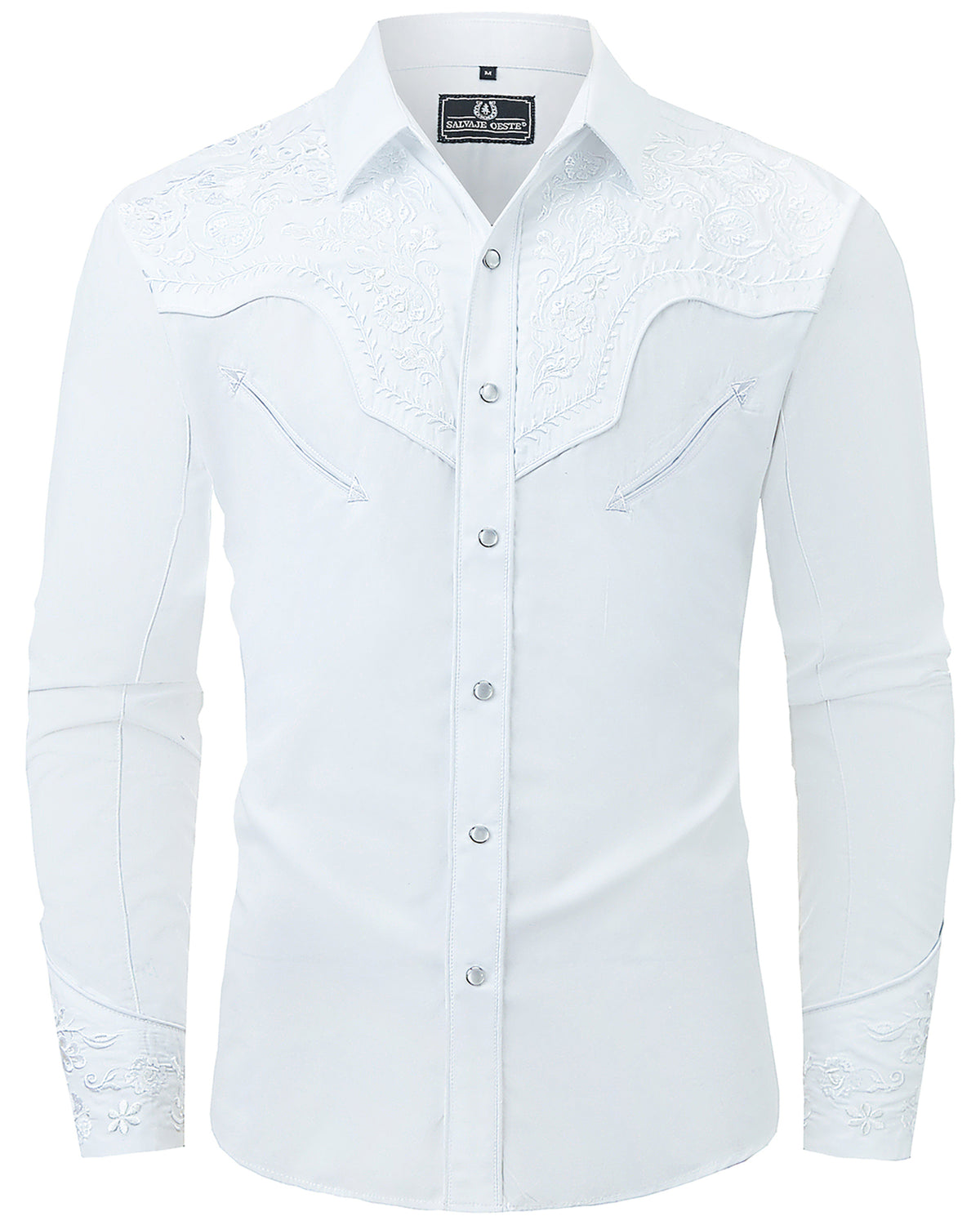 White floral embroidered men's western pearl snap shirt - full front