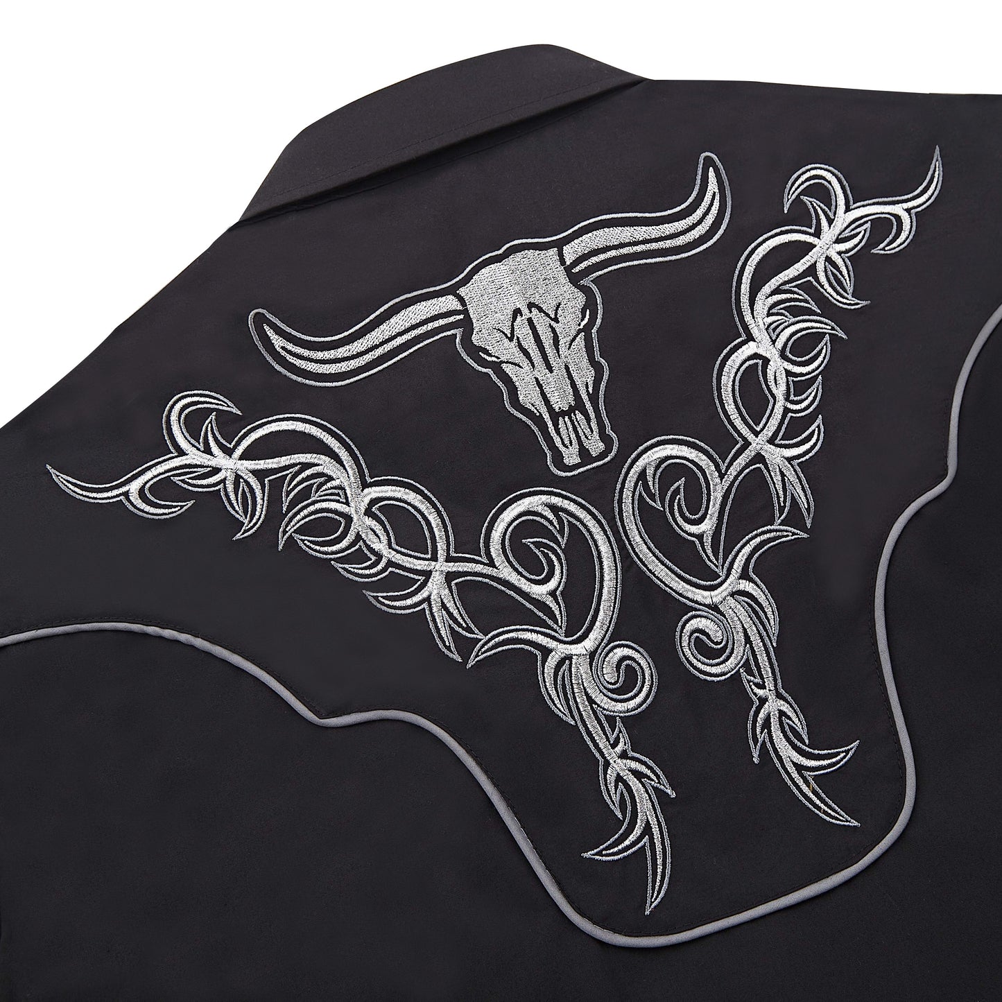 Black and silver longhorn skull embroidered men's western pearl snap shirt - back yoke embroidery close-up
