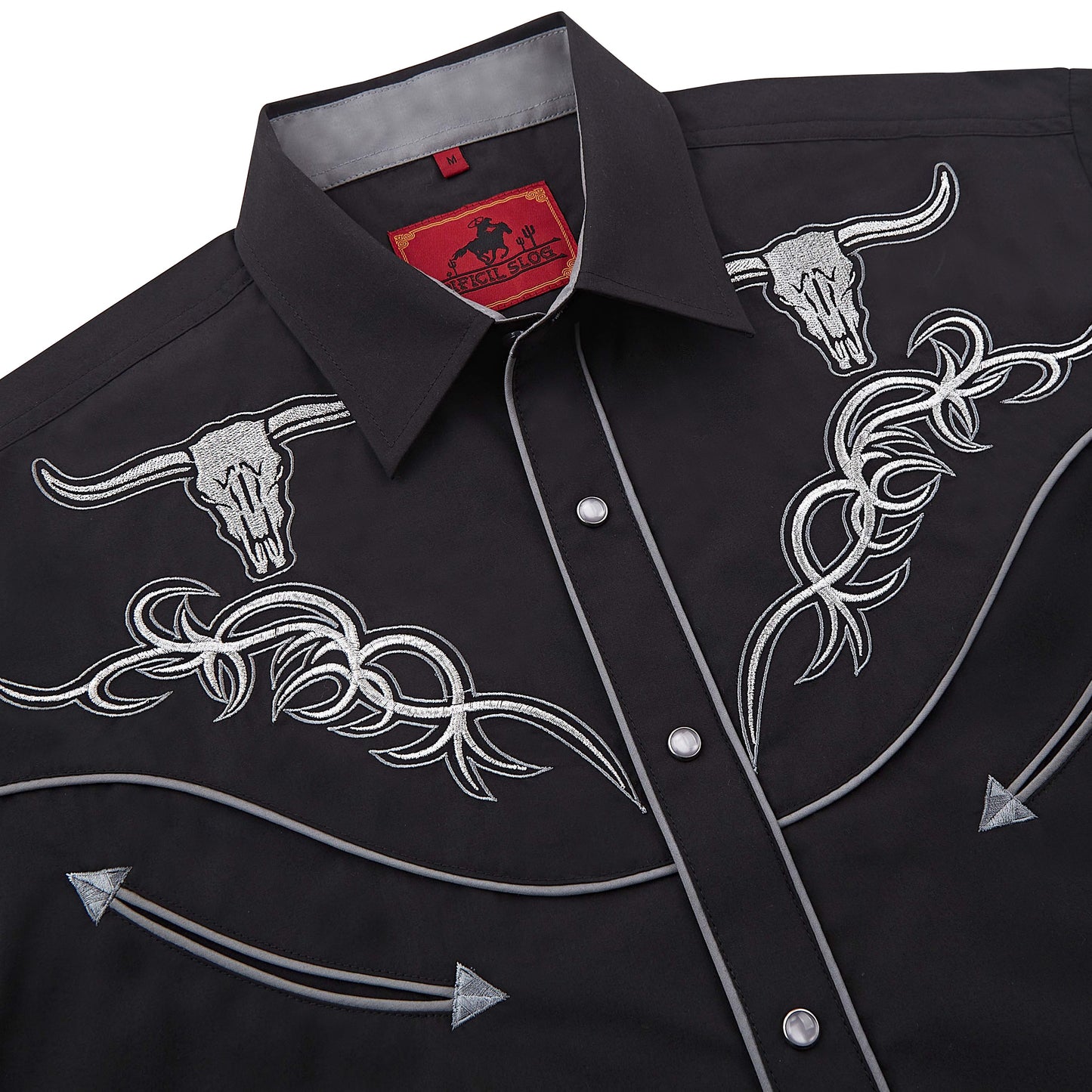 Black and silver longhorn skull embroidered men's western pearl snap shirt - front yoke embroidery close-up