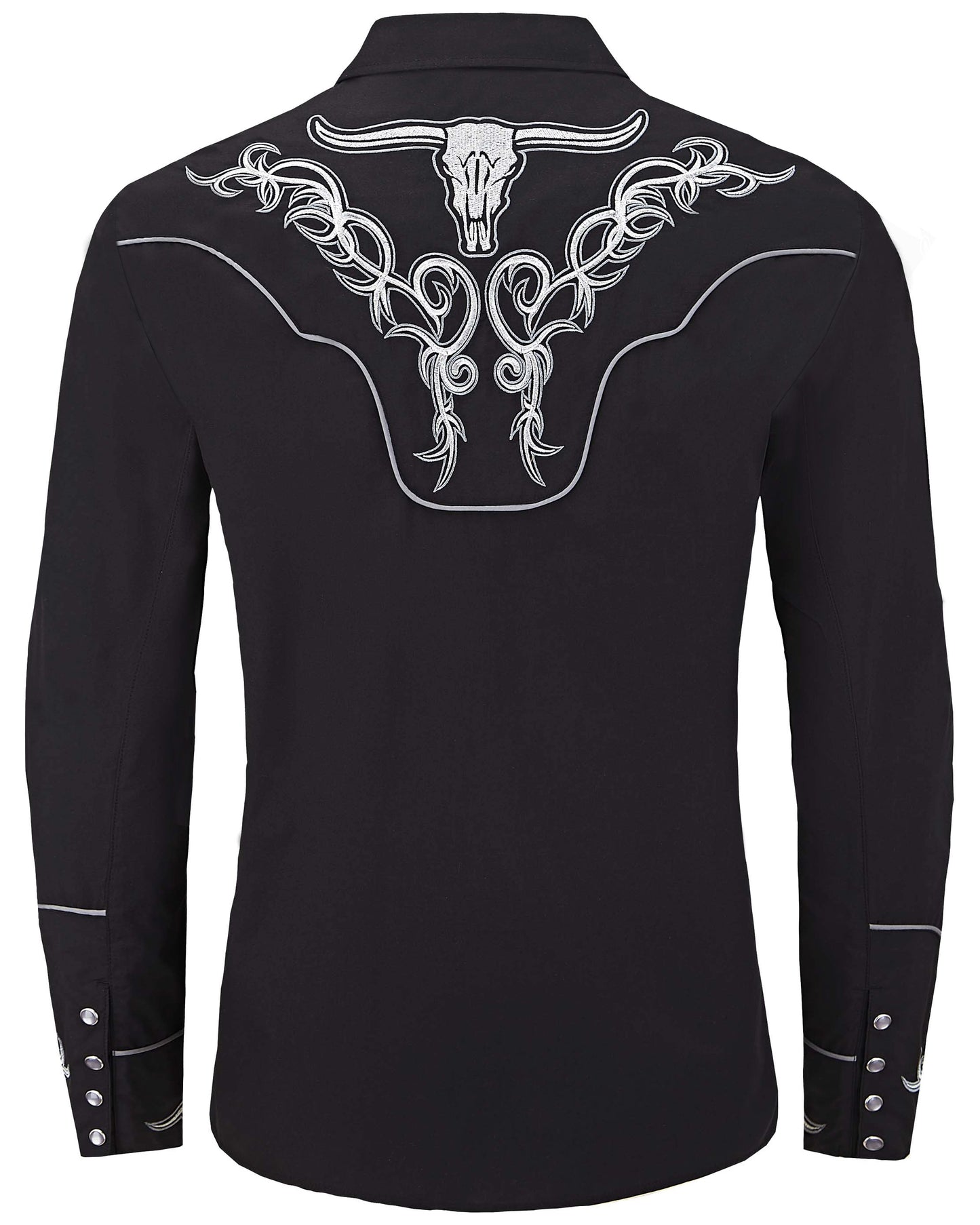 Black and silver longhorn skull embroidered men's western pearl snap shirt - back view