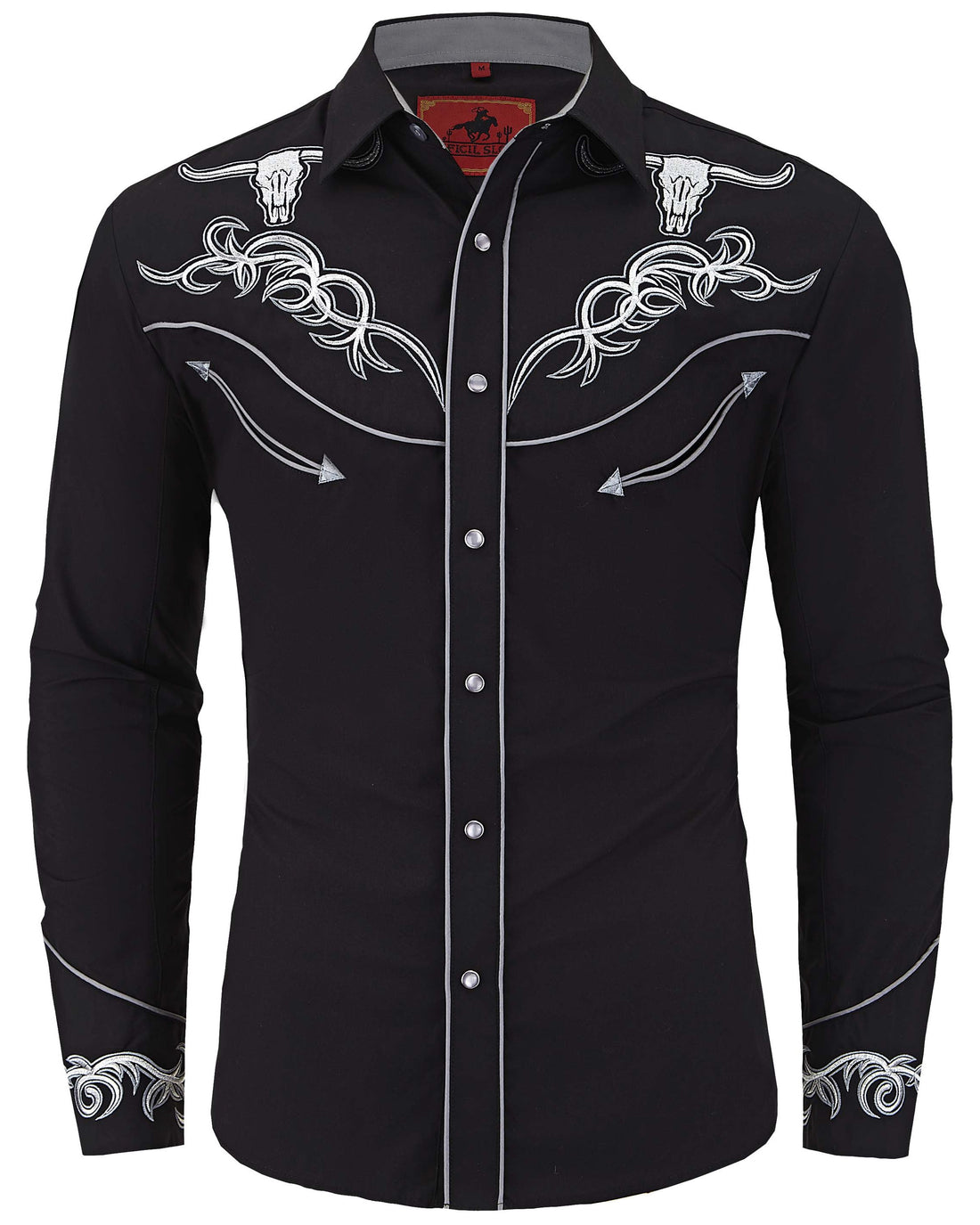 Black and silver longhorn skull embroidered men's western pearl snap shirt - front view