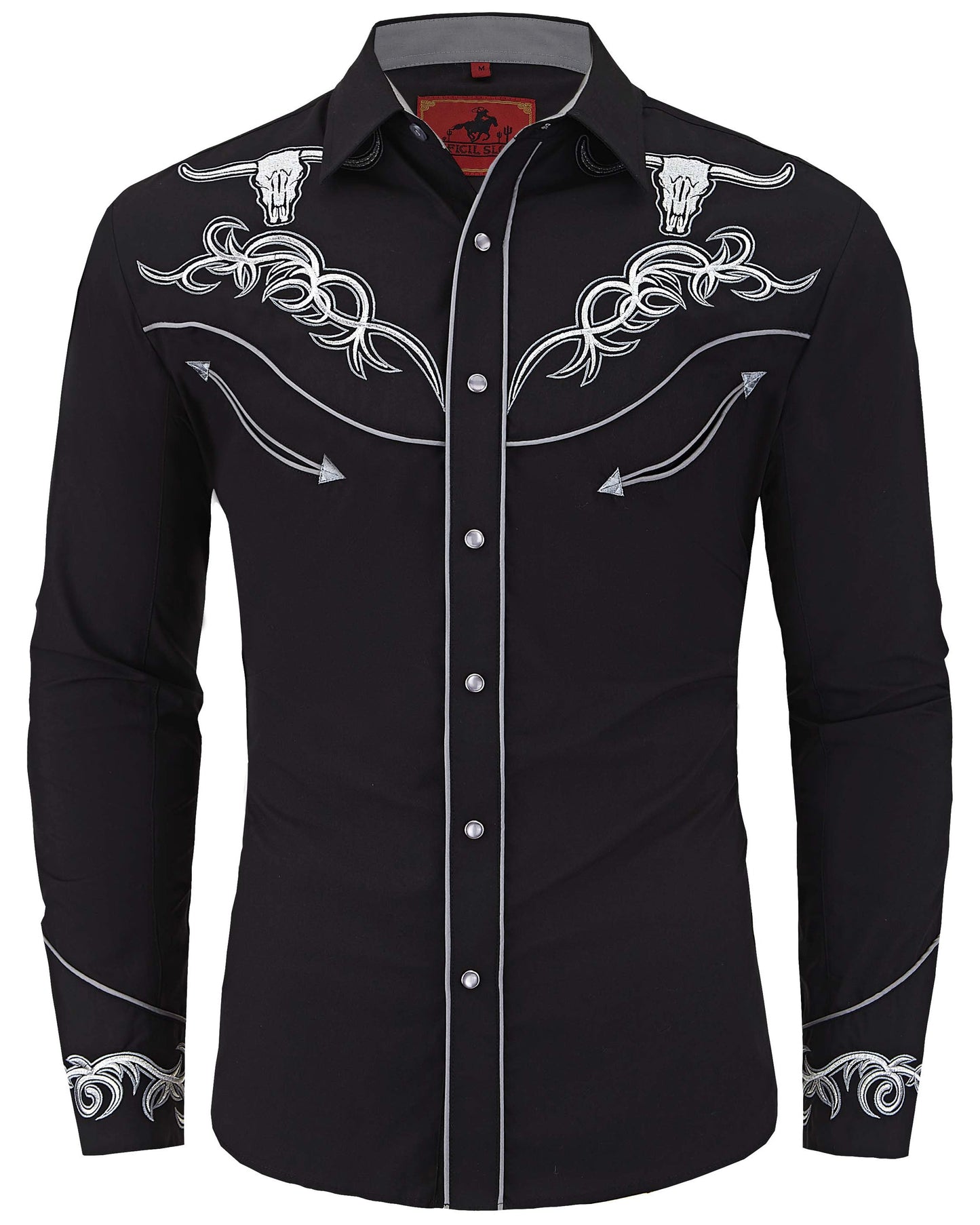 Black and silver longhorn skull embroidered men's western pearl snap shirt - front view