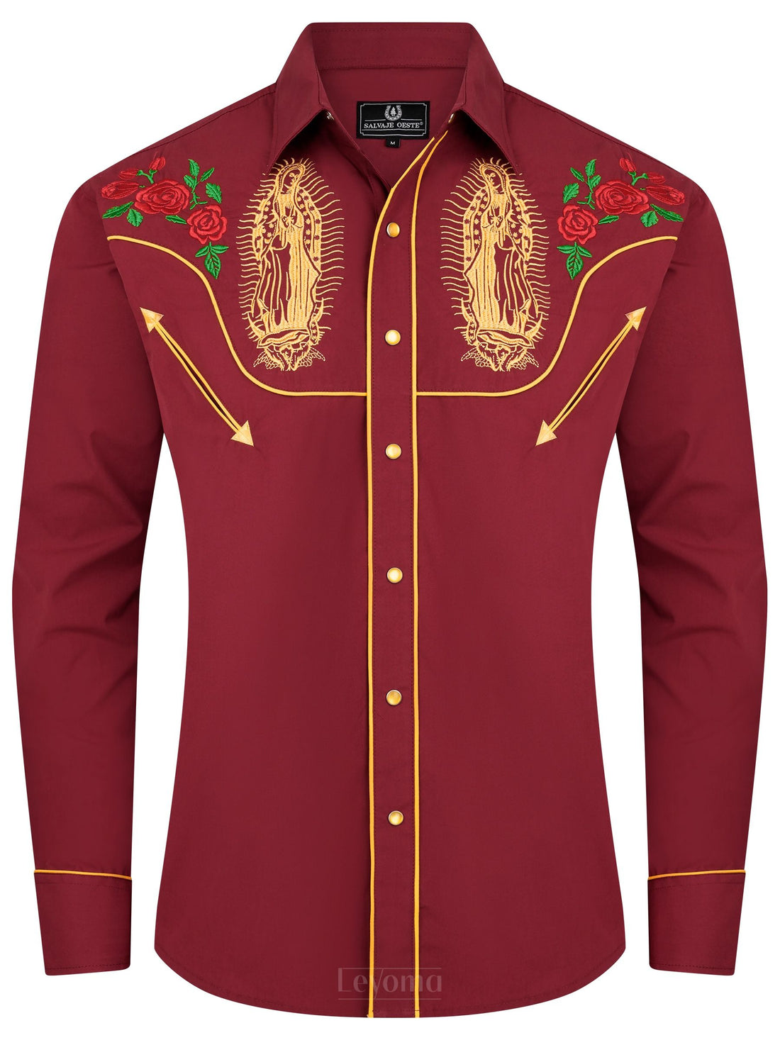 Red Virgin of Guadalupe embroidered men's western pearl snap shirt - front view