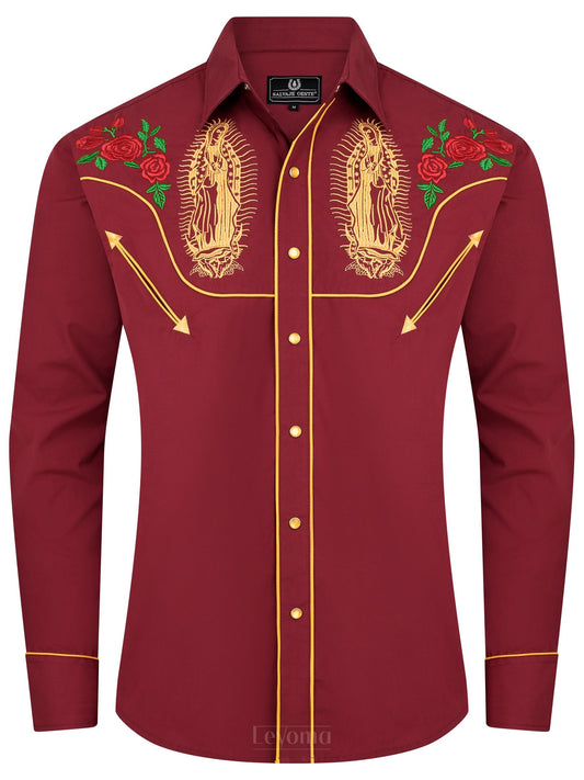 Mother Mary Ruby Men's Embroidered Western Pearl Snap Shirt