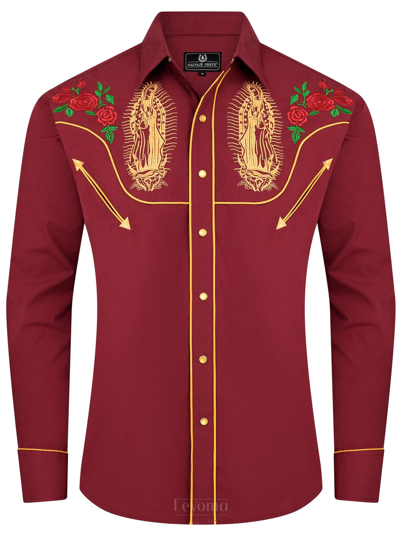 Mother Mary Ruby Men's Embroidered Western Pearl Snap Shirt