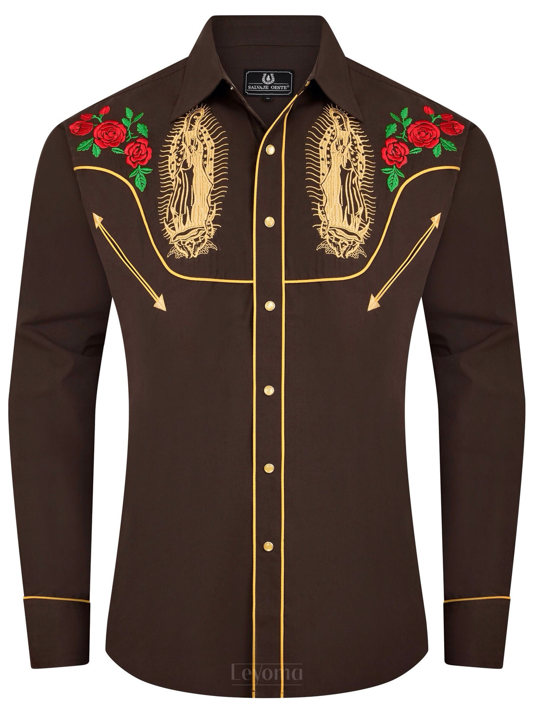 Brown Virgin of Guadalupe embroidered men's western pearl snap shirt - front view