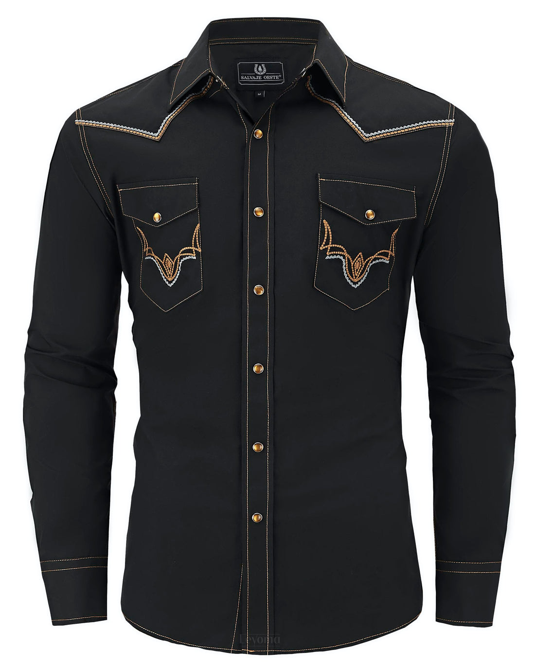 Black and gold floral embroidered men's western pearl snap shirt - front view