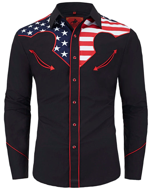 Stars & Stripes Black Men's Embroidered Western Pearl Snap Shirt
