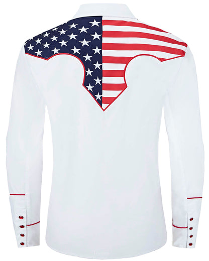 Stars & Stripes White Men's Embroidered Western Pearl Snap Shirt