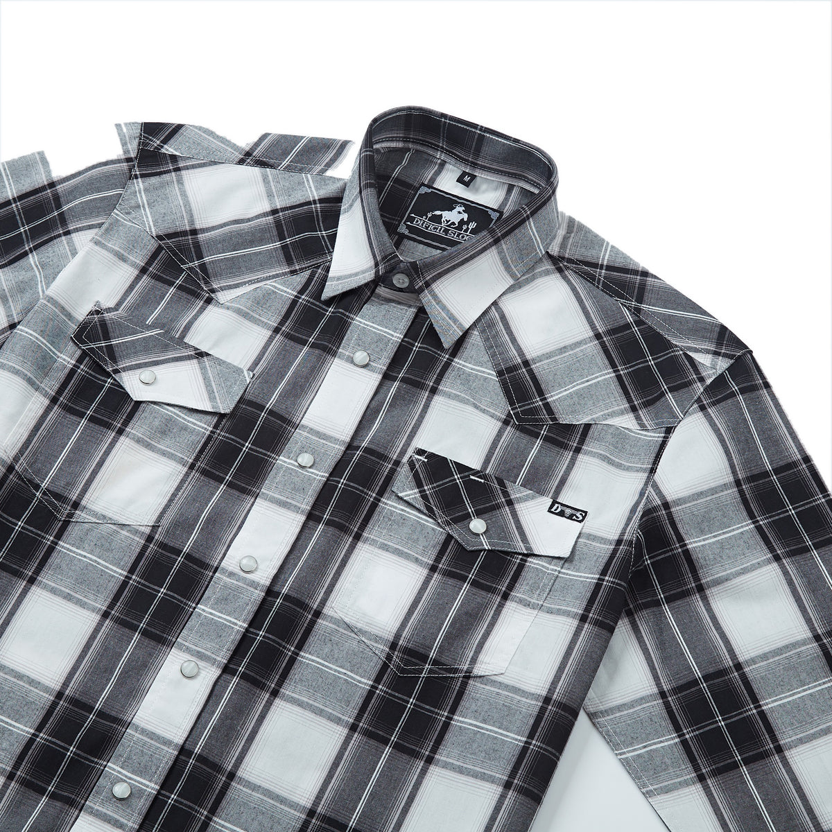 Black and ash plaid men's long-sleeve western pearl snap shirt - collar and chest detail