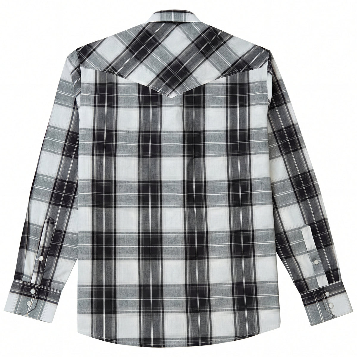 Black and ash plaid men's long-sleeve western pearl snap shirt - full back