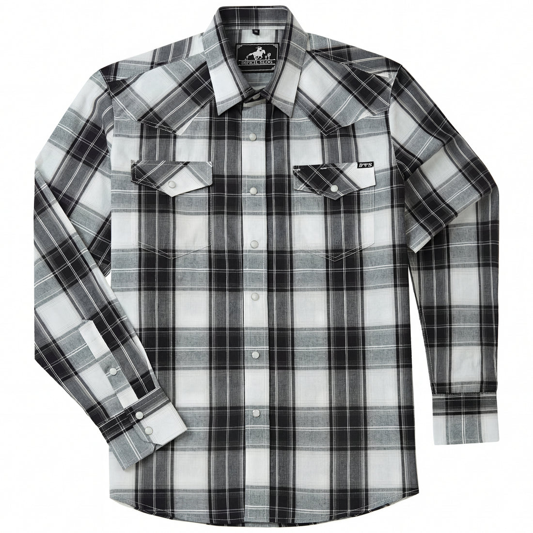 Black and ash plaid men's long-sleeve western pearl snap shirt - full front