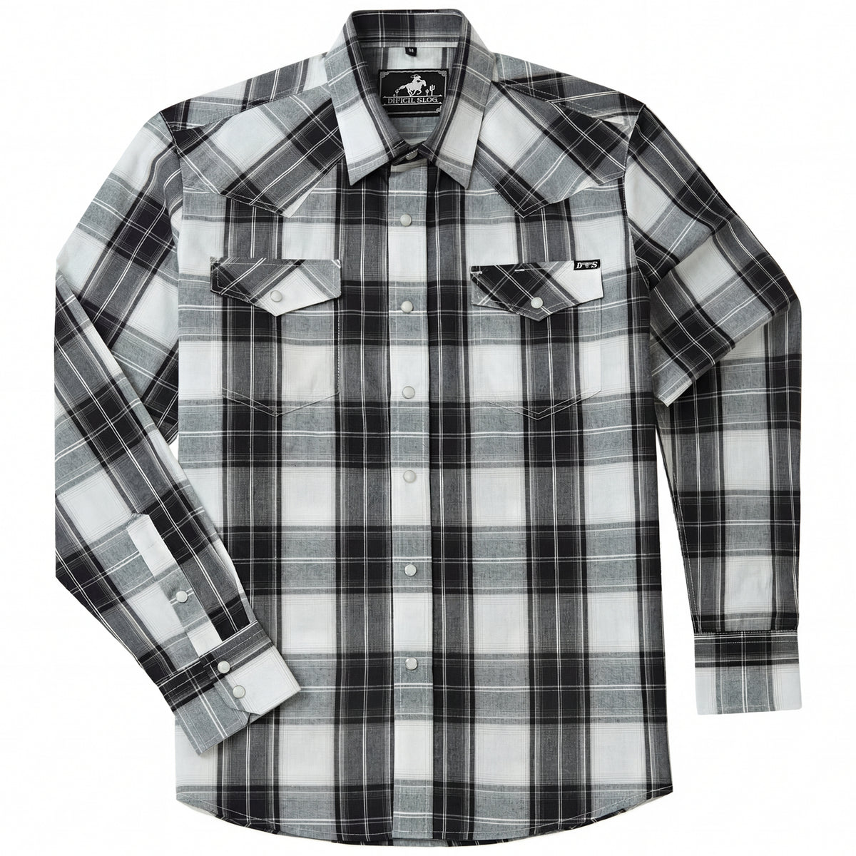 Black and ash plaid men's long-sleeve western pearl snap shirt - full front