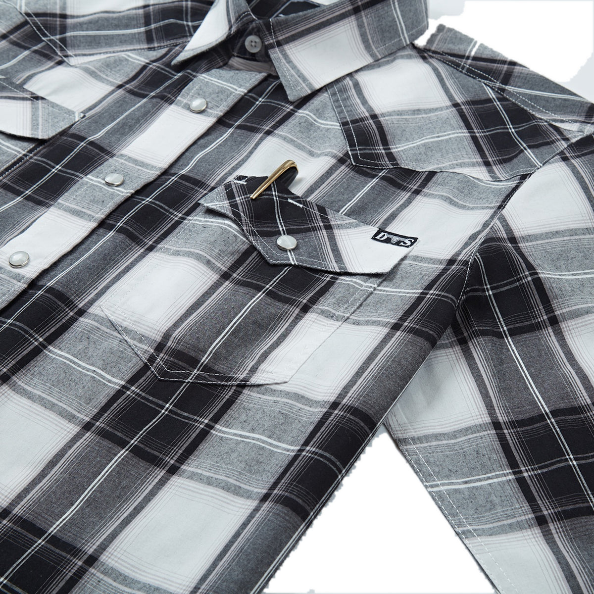 Black and ash plaid men's long-sleeve western pearl snap shirt - pocket and snaps detail
