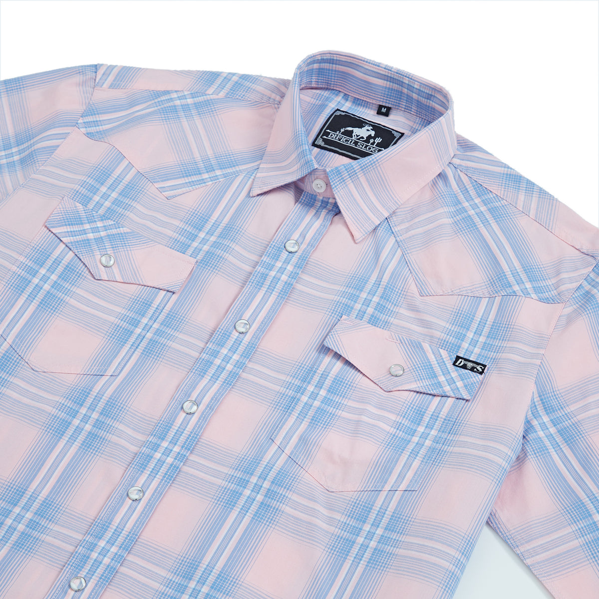Blue and pink plaid men's long-sleeve western pearl snap shirt - collar and chest detail