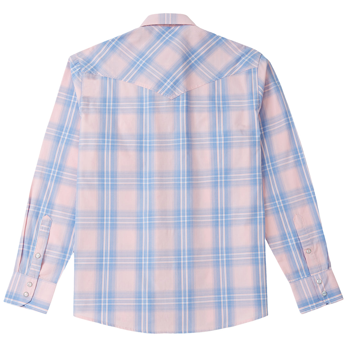 Blue and pink plaid men's long-sleeve western pearl snap shirt - full back