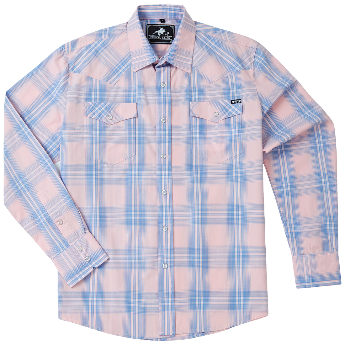 Blue and pink plaid men's long-sleeve western pearl snap shirt - full front