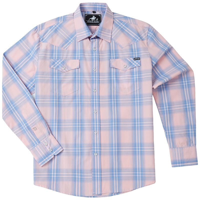 Kariertes Langarm-Westernhemd in Blau & Rosa mit Perlmutt-Druckknöpfen für Herren
