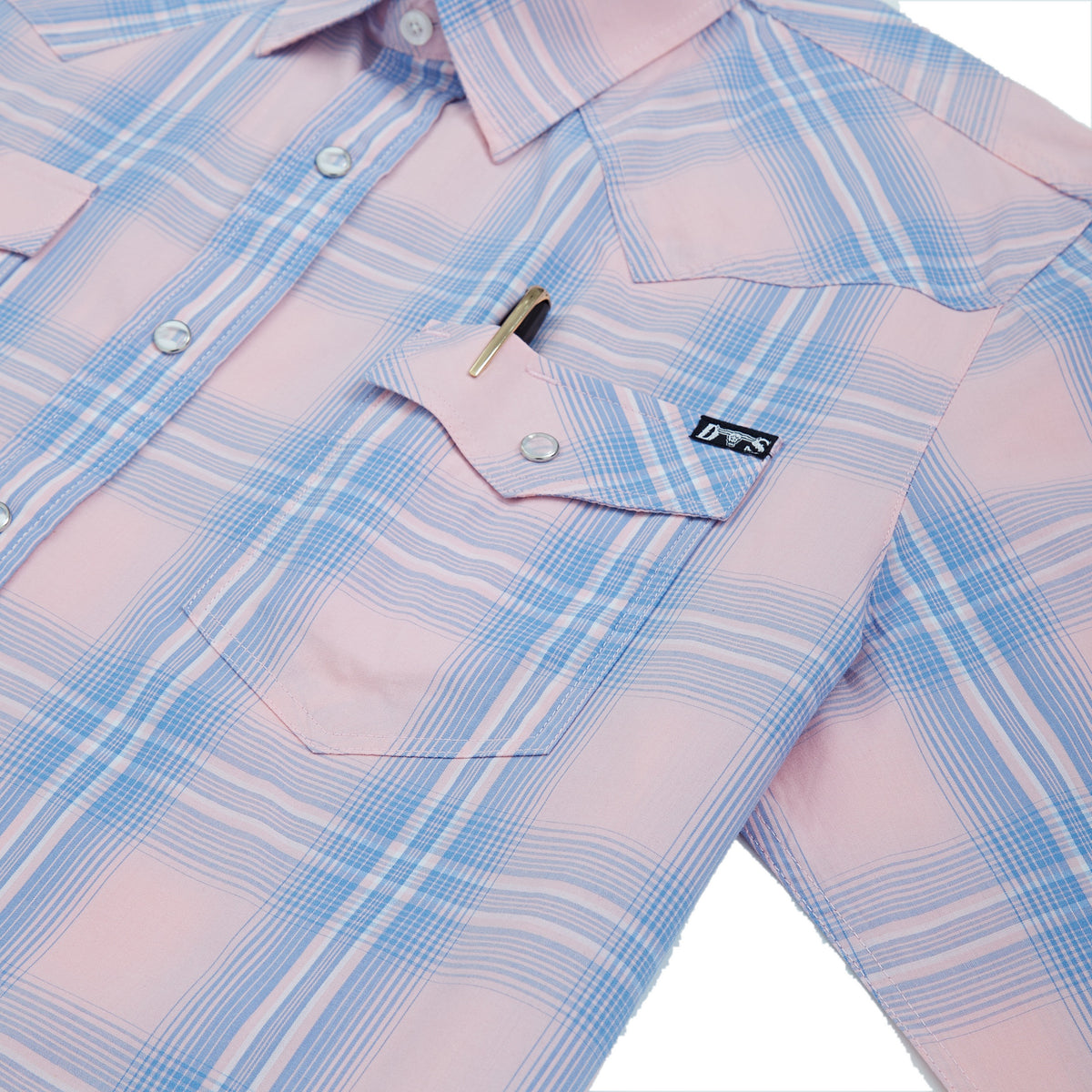 Blue and pink plaid men's long-sleeve western pearl snap shirt - pocket and snaps detail