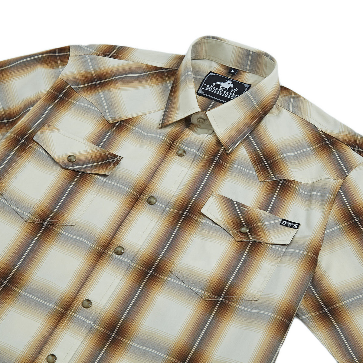 Brown and beige plaid men's long-sleeve western pearl snap shirt - collar and chest detail