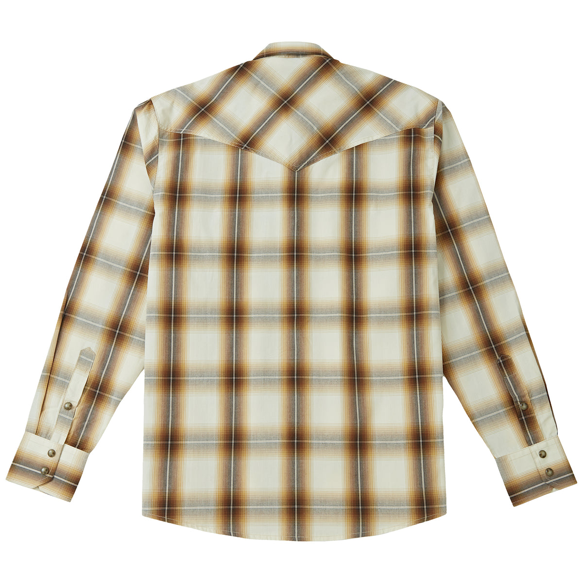 Brown and beige plaid men's long-sleeve western pearl snap shirt - full back