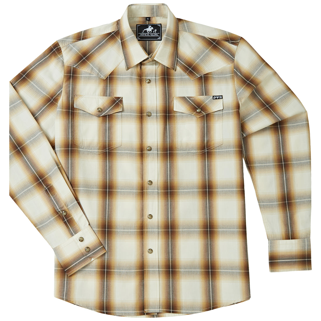 Brown and beige plaid men's long-sleeve western pearl snap shirt - full front