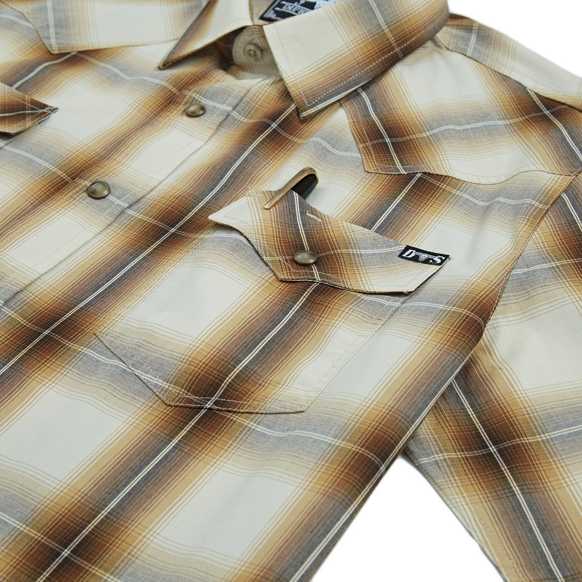 Brown and beige plaid men's long-sleeve western pearl snap shirt - pocket and snaps detail