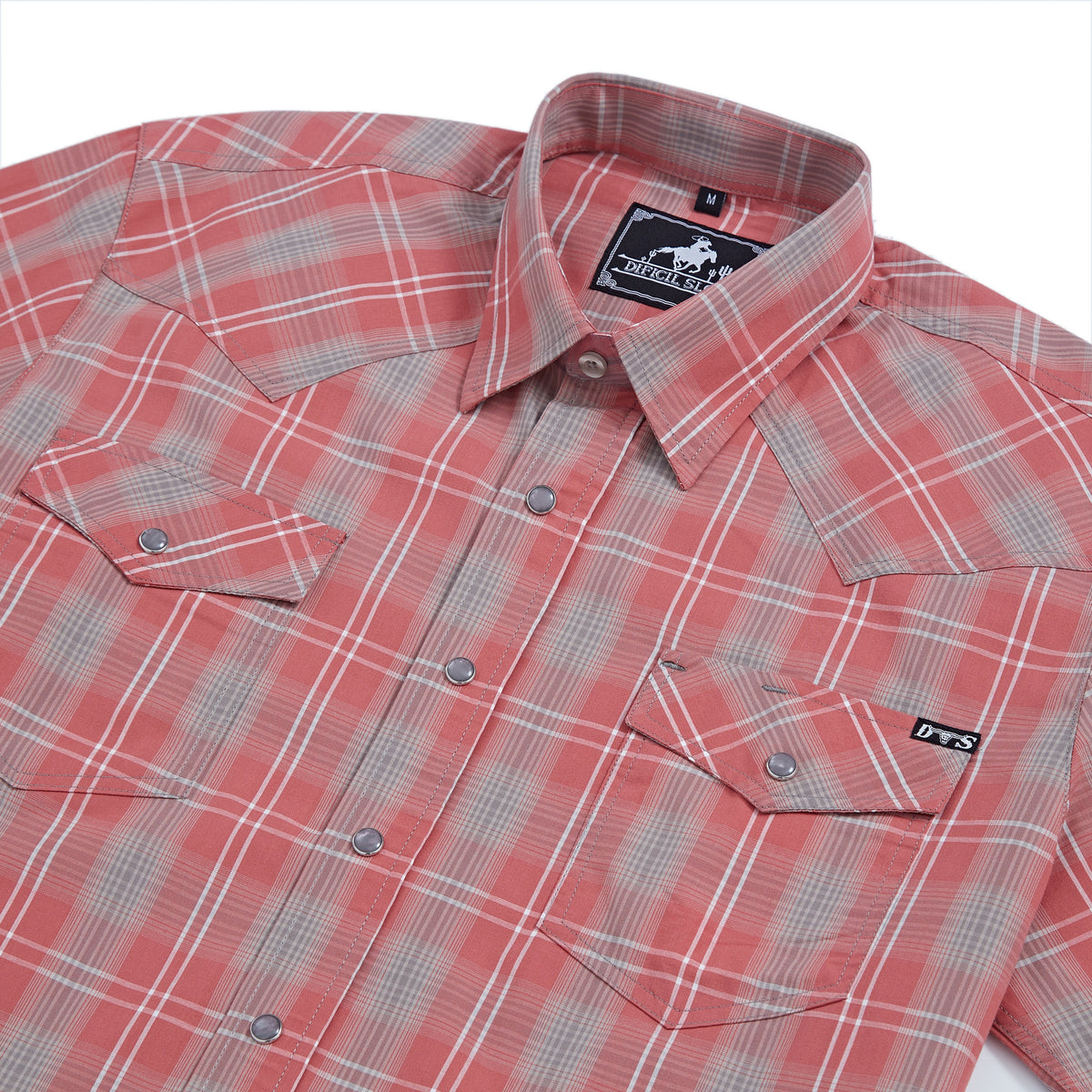 Coral and grey plaid men's long-sleeve western pearl snap shirt - collar and chest detail