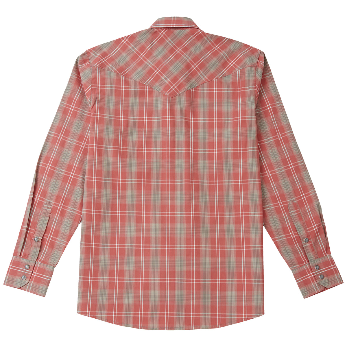 Coral and grey plaid men's long-sleeve western pearl snap shirt - full back