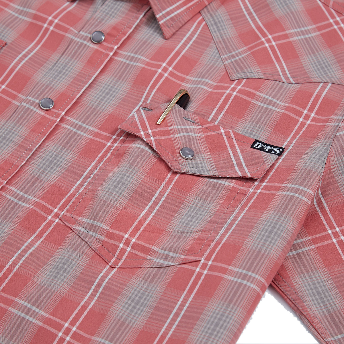 Coral and grey plaid men's long-sleeve western pearl snap shirt - pocket and snaps detail