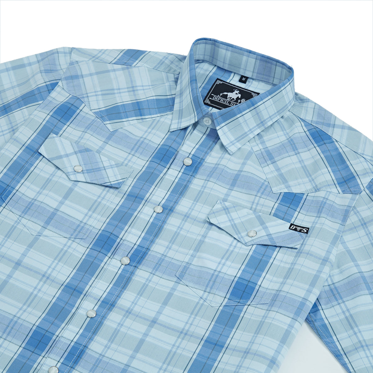 Ice blue plaid men's long-sleeve western pearl snap shirt - collar and chest detail
