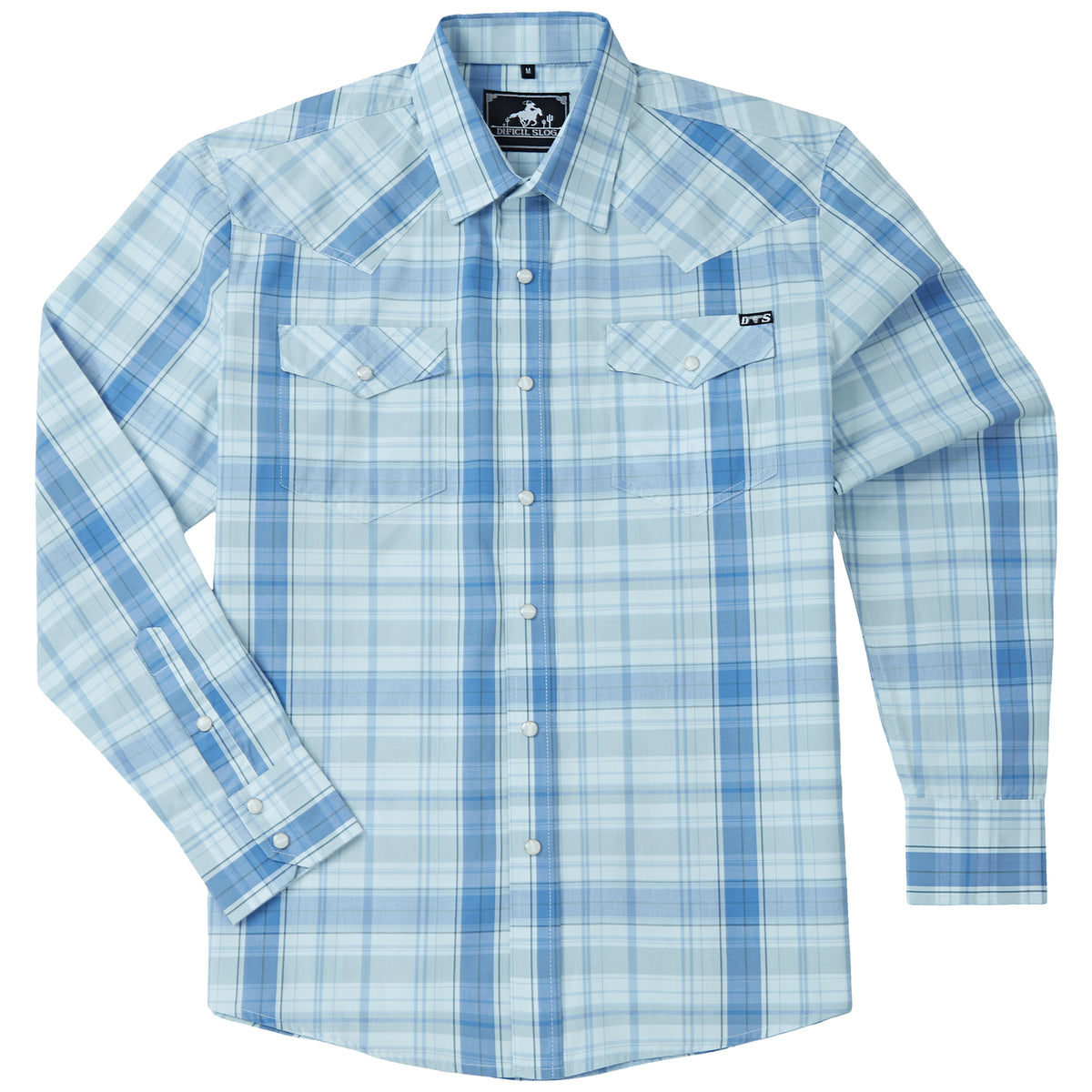 Ice blue plaid men's long-sleeve western pearl snap shirt - full front