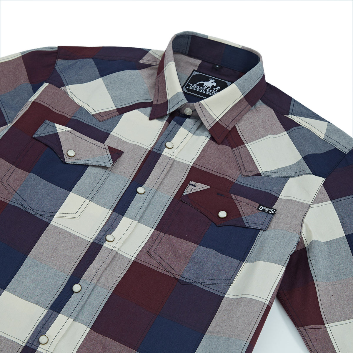 Navy and burgundy plaid men's long-sleeve western pearl snap shirt - collar and chest detail