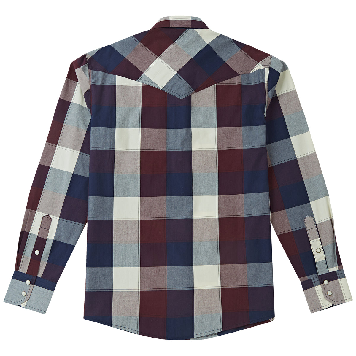 Navy and burgundy plaid men's long-sleeve western pearl snap shirt - full back