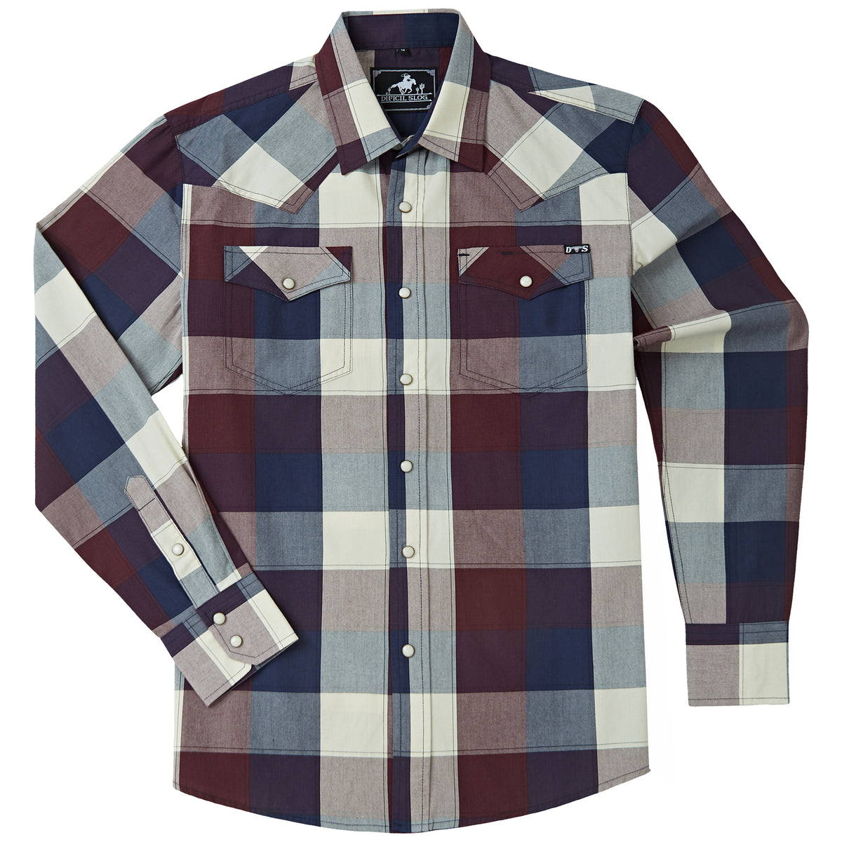 Navy and burgundy plaid men's long-sleeve western pearl snap shirt - full front