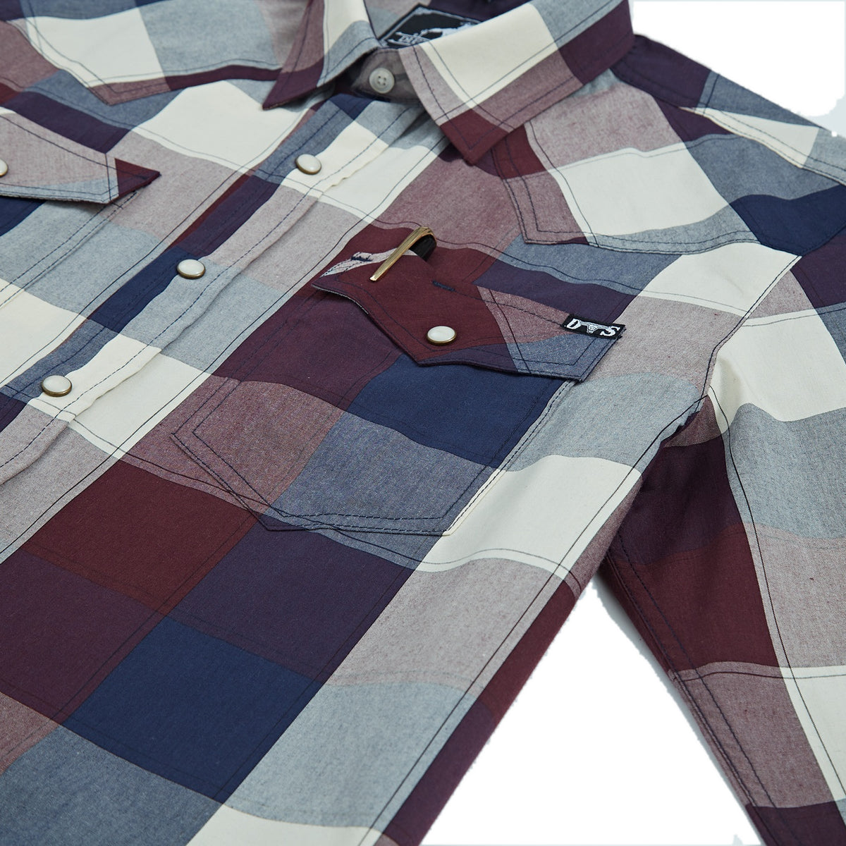 Navy and burgundy plaid men's long-sleeve western pearl snap shirt - pocket and snaps detail