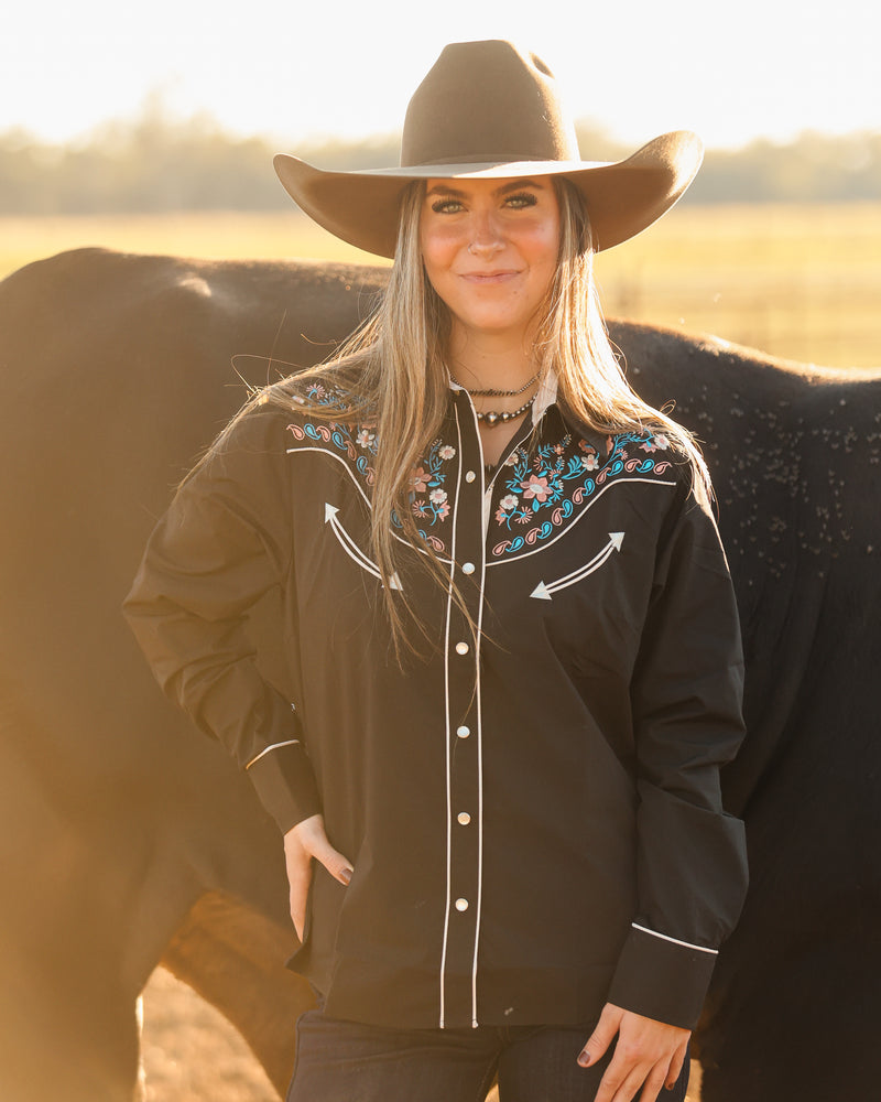 Women's Midnight Bouquet Embroidered Western Pearl Snap Shirt