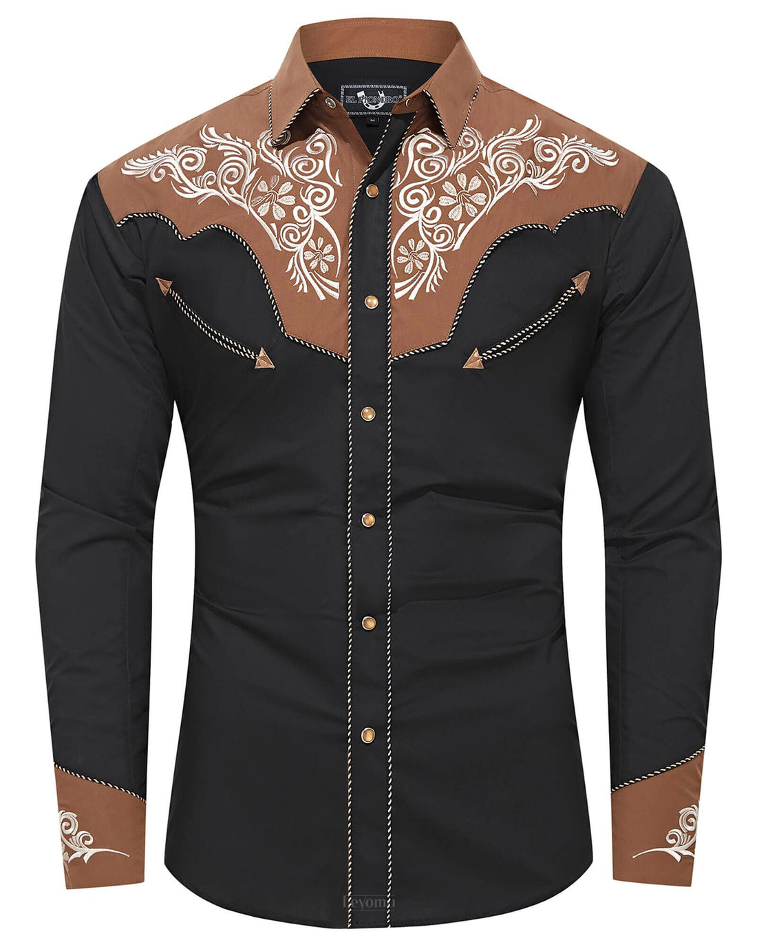 Black and brown floral embroidered men's western pearl snap shirt - front snap buttons close-up
