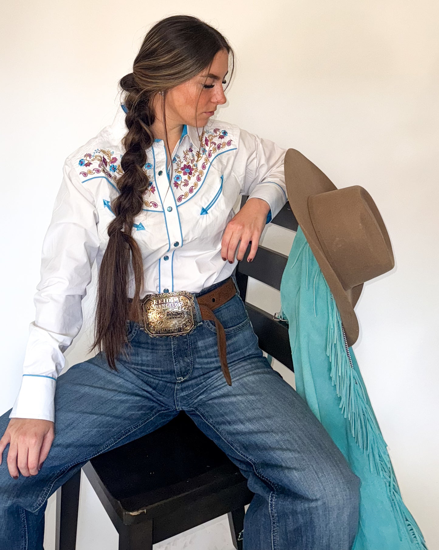 White floral embroidered women's western pearl snap shirt - cowgirl styled look, front