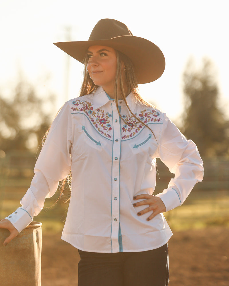 Women's White Floral Embroidered Western Pearl Snap Shirt