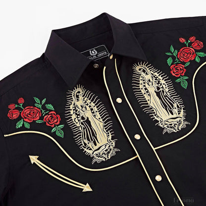 Mother Mary Black Men's Embroidered Western Pearl Snap Shirt