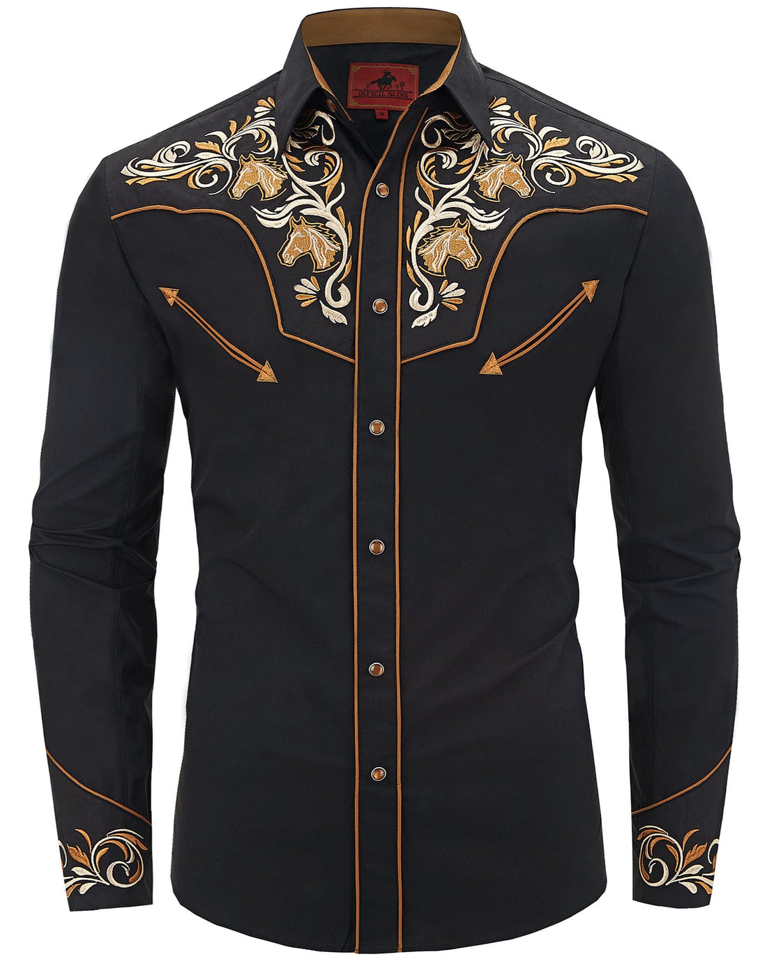 Black and brown floral embroidered men's western pearl snap shirt - front view